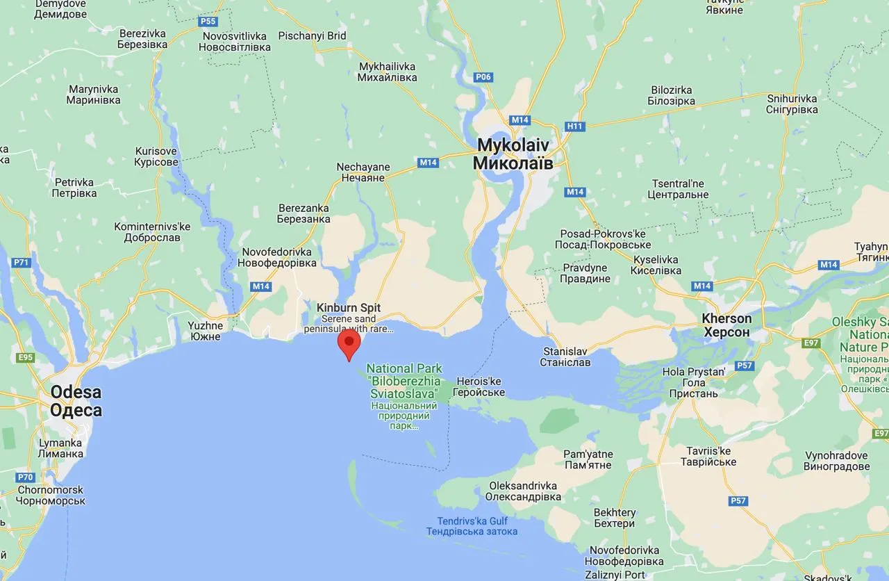 Кінбурнська коса на карті Кінбурнська коса на карті