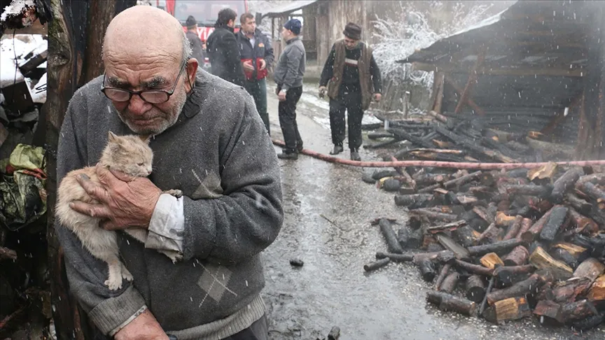 дедушка с котенком на фоне пожара