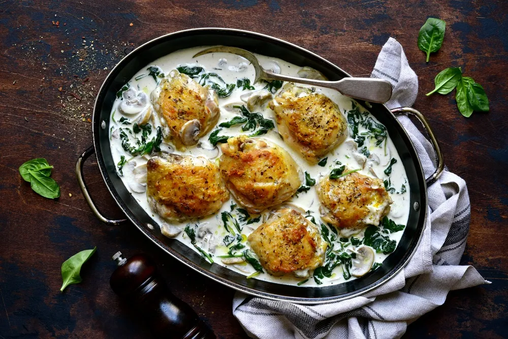 Окорочка со шпинатом и грибами в сливках Окорочка со шпинатом и грибами в сливках