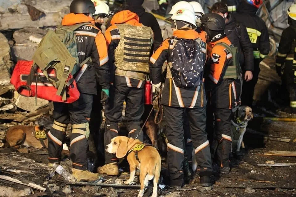 Собаки допомагають рятувальникам шукати людей під завалами будинку у Дніпрі