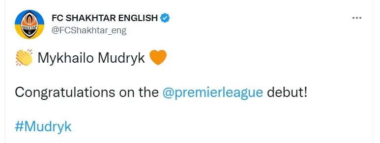 Шахтар привітав Мудрика з дебютом у Челсі Шахтар привітав Мудрика з дебютом у Челсі