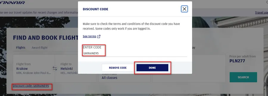 Використайте промокод UKRAINE95 перед пошуком квитків в полі Use discount code