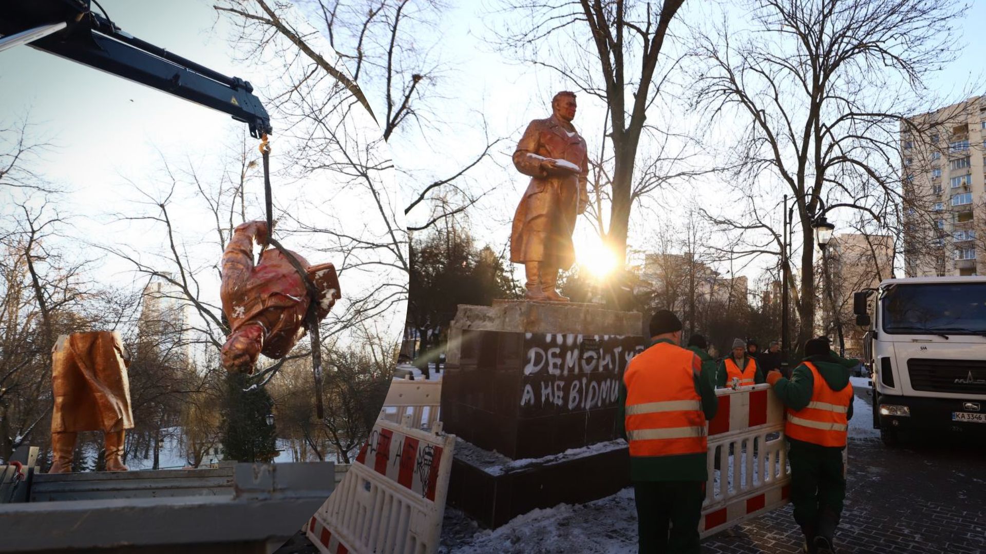 В Киеве демонтировали памятник Чкалову - фоторепортаж, как это делали, реакция Ткаченко
