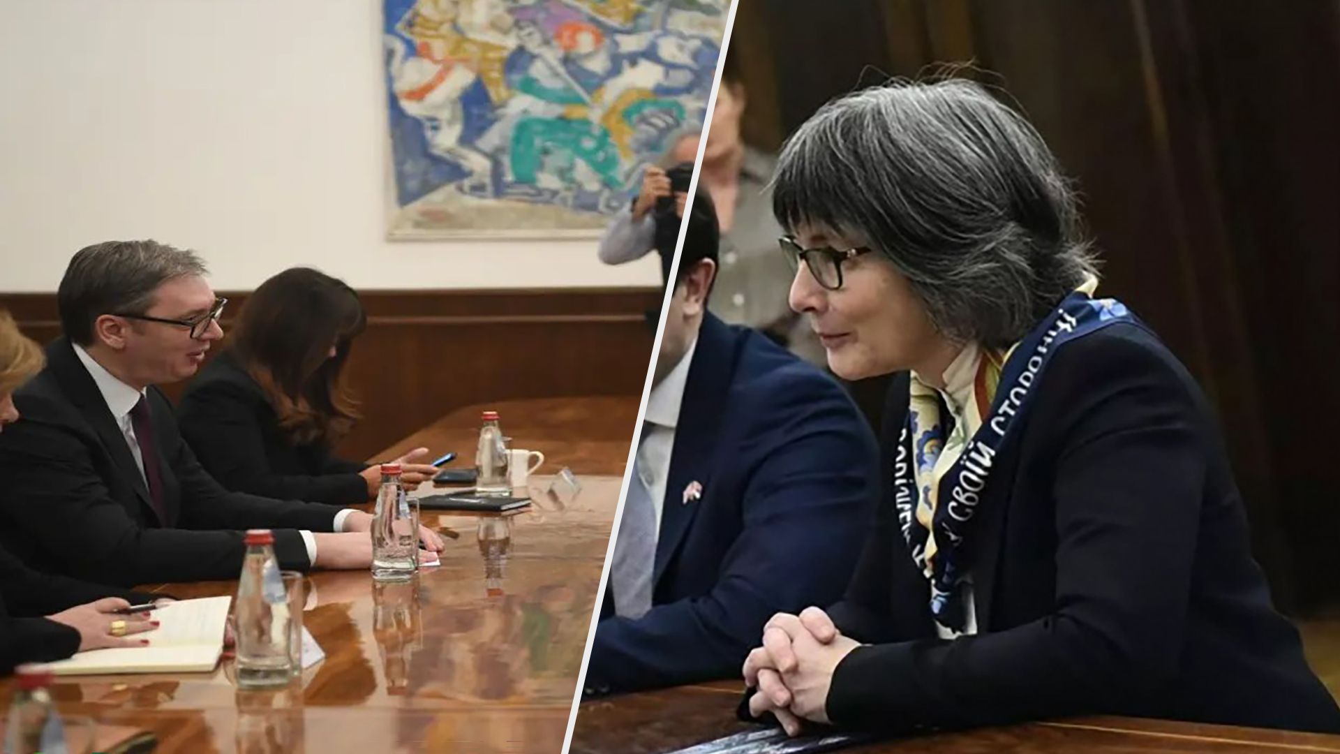 Посол Британії прийшла на зустріч з Вучичем у хустці зі словами гімну України Посол Британії прийшла на зустріч з Вучичем у хустці зі словами гімну України