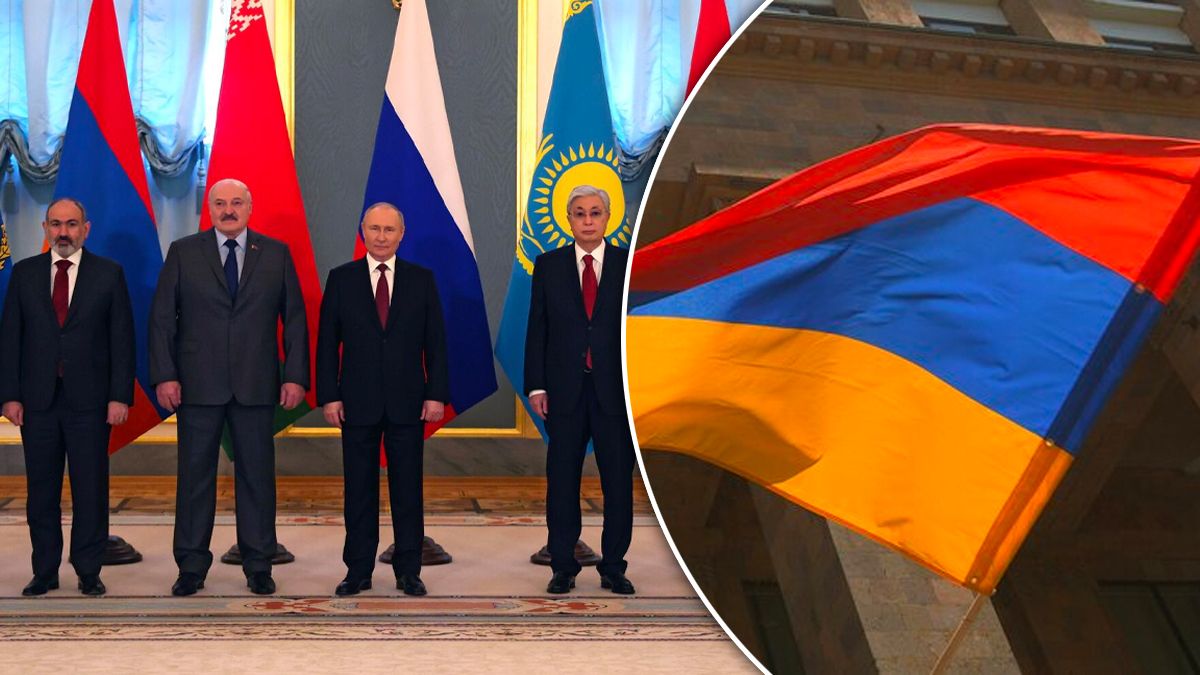Лідери країн ОДКБ та прапор Вірменії, яка відмовлась від керівної посади