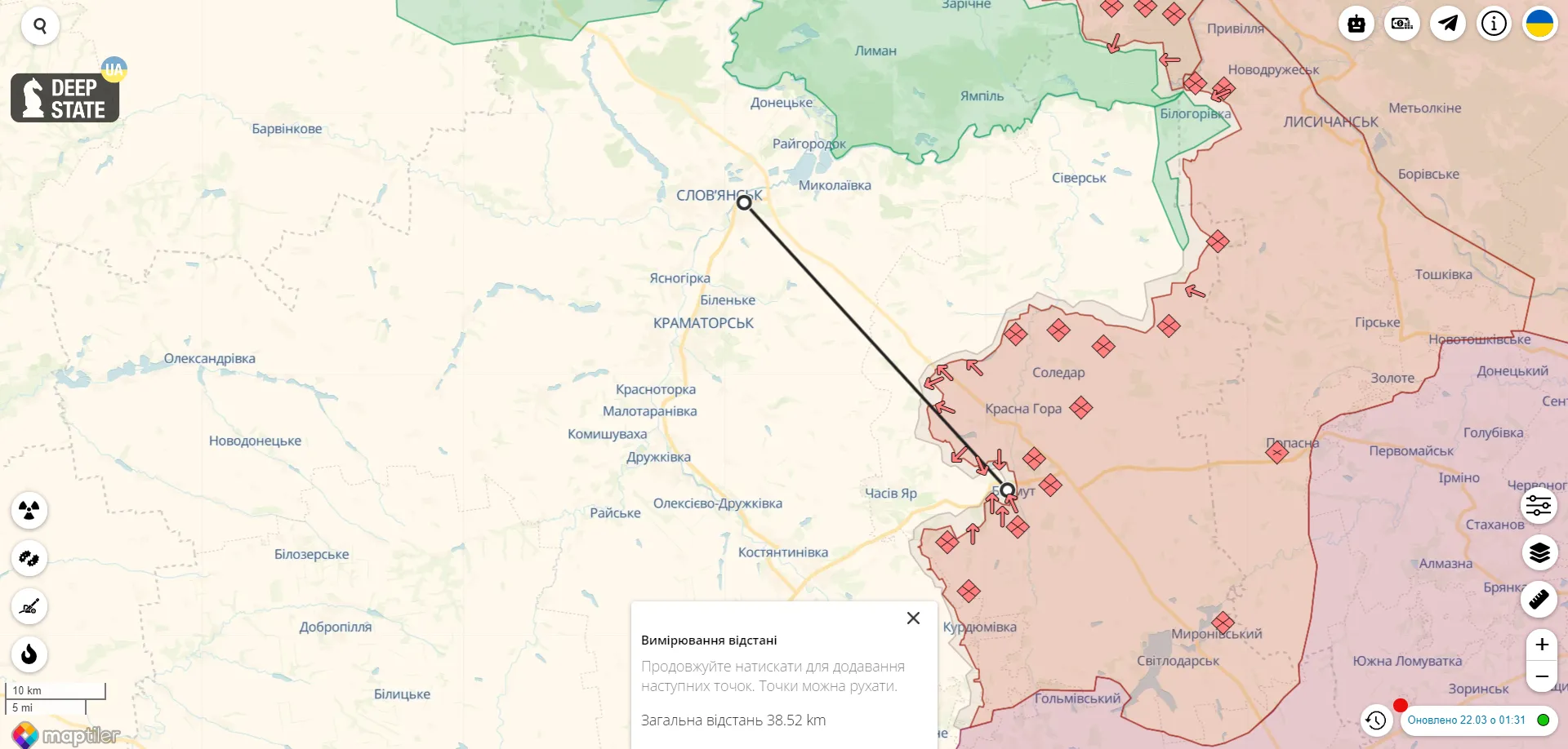 Бахмут сдерживает движение россиян на Славянск / Скриншот DeepStateMap
