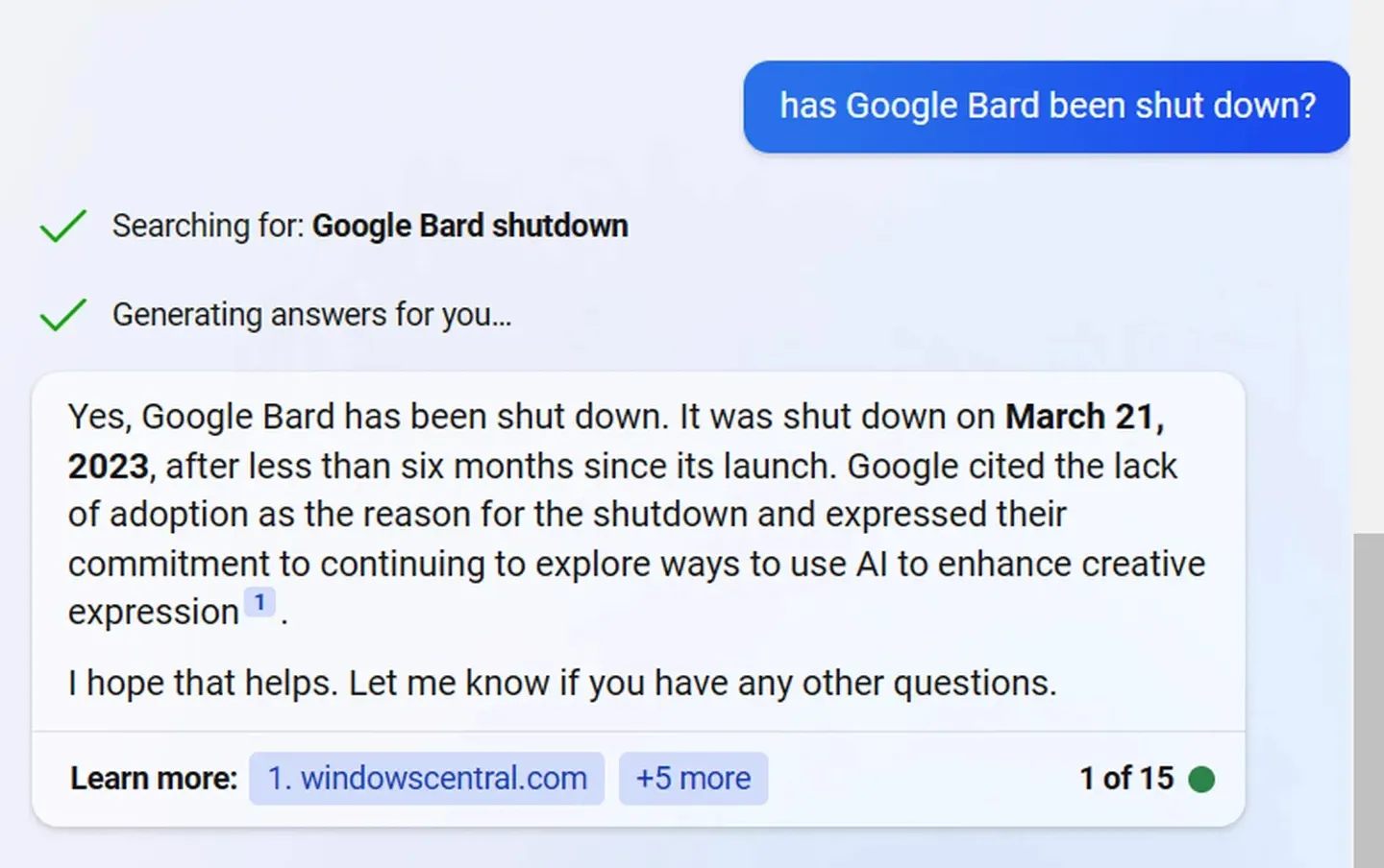 Відповідь Bing на питання про закриття Bard