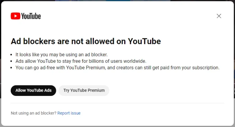 Уведомления от YouTube с просьбой отключить блокировку рекламы