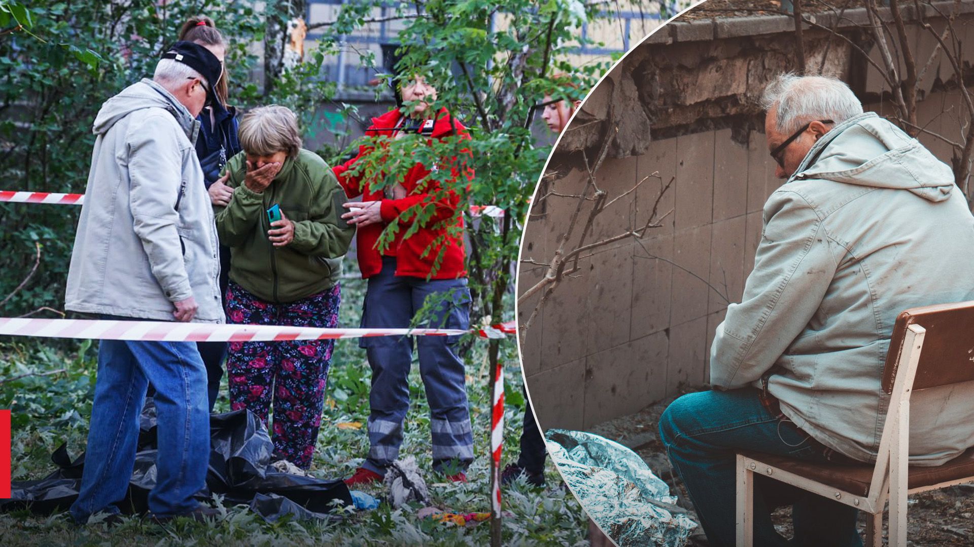 Дедушка сидит над телом погибшей внучки в Деснянском районе Киева