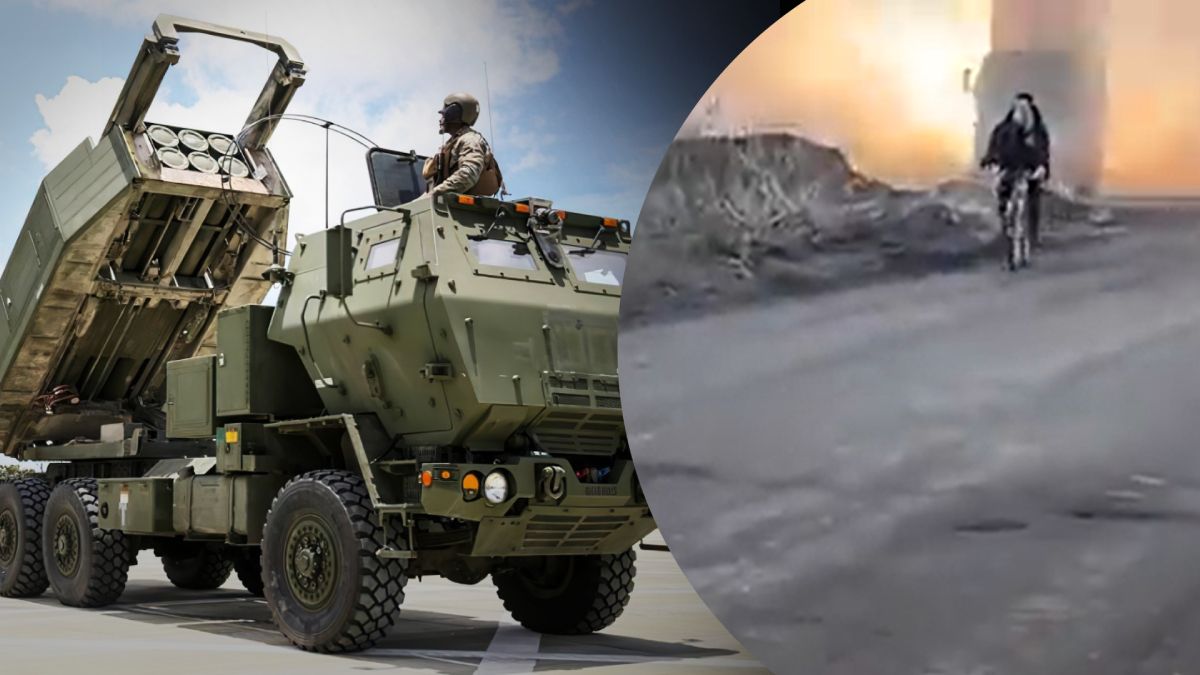 Велосипедист їде перд РСЗВ HIMARS Велосипедист їде перд РСЗВ HIMARS