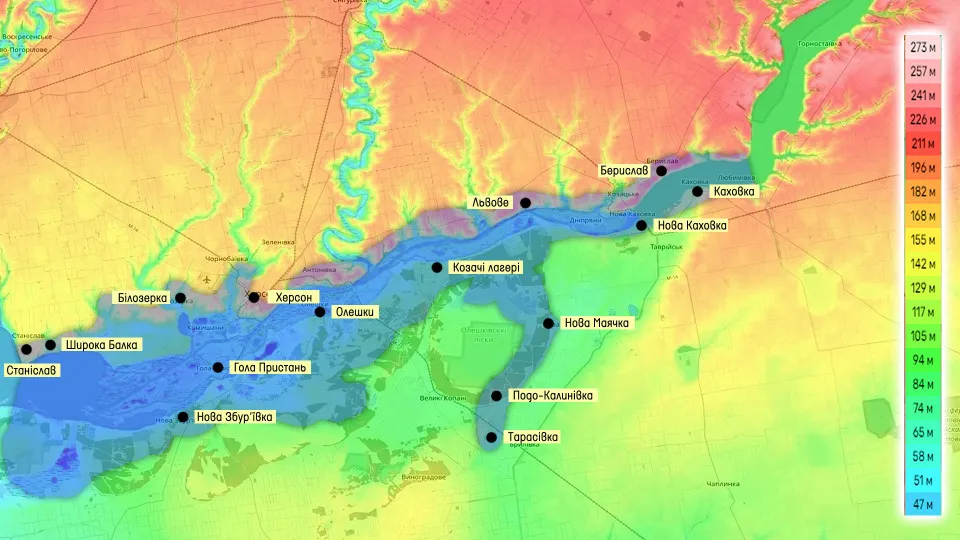 Мапа підтоплених міст на Херсонщині Мапа підтоплених міст на Херсонщині