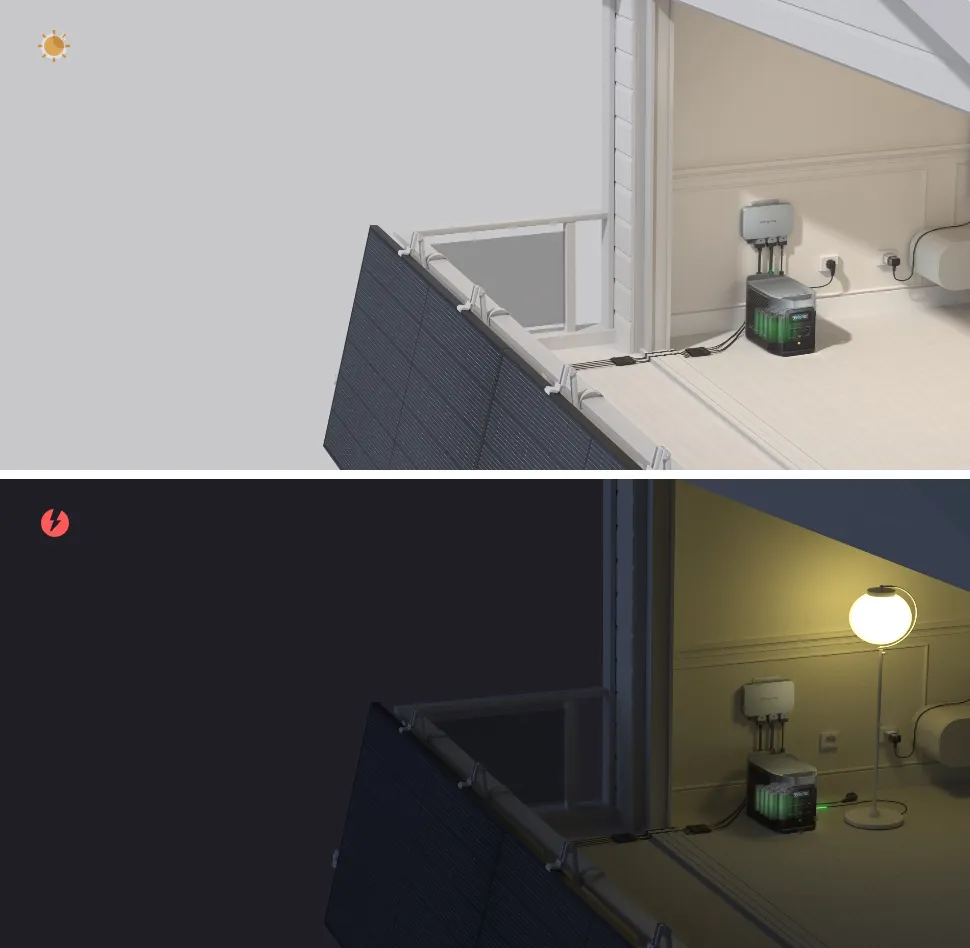 Установленные на балконе солнечные панели подают солнечную энергию через микроинвертор. Установленные на балконе солнечные панели подают солнечную энергию через микроинвертор.