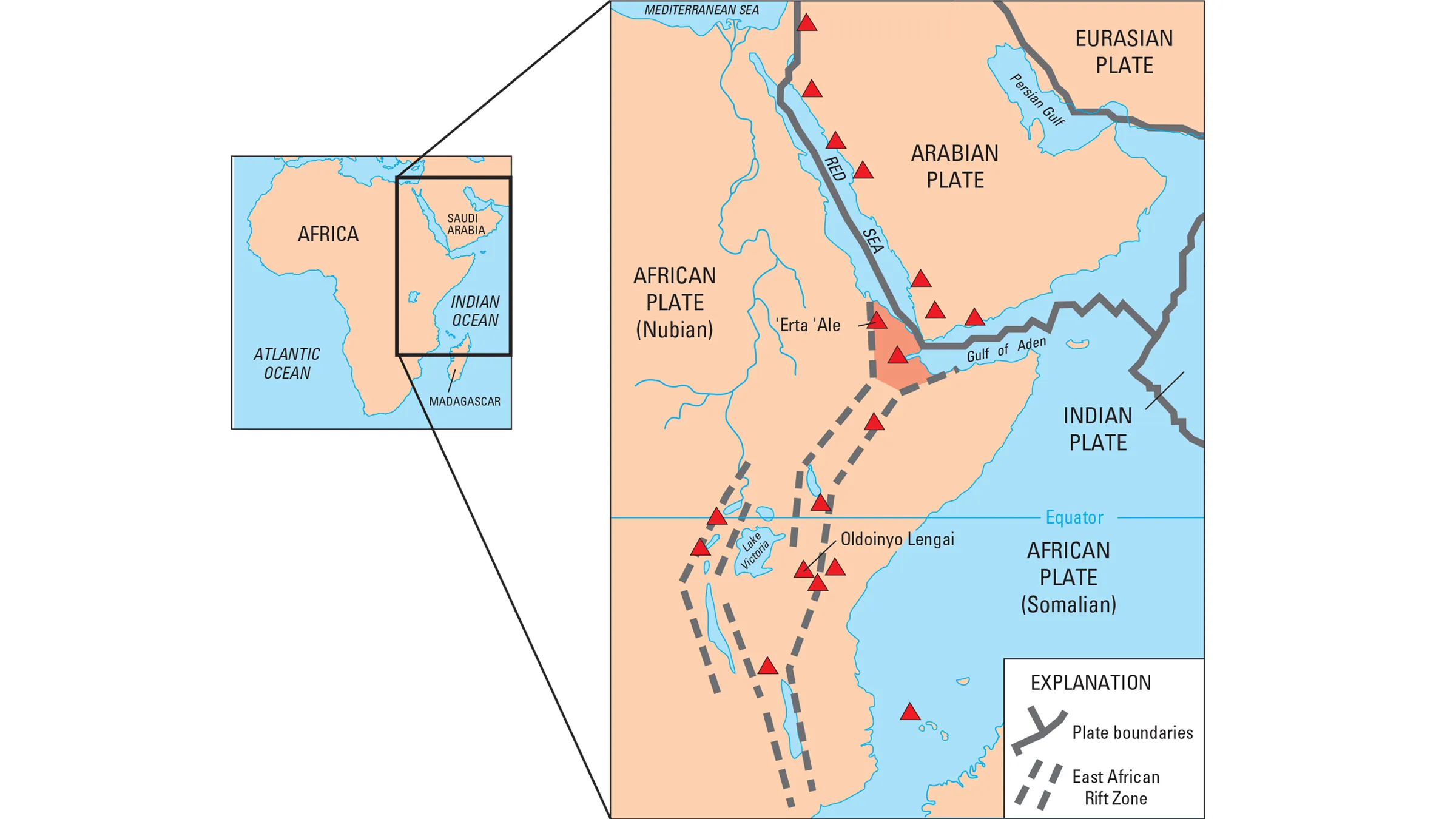 Карта, показывающая границы тектонических плит (серый цвет), а также зону Восточноафриканского разлома (пунктирные линии)