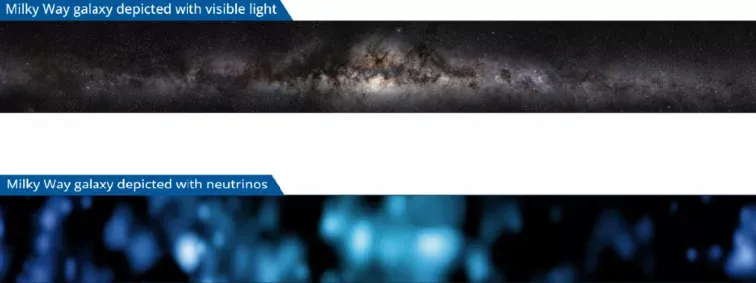 Два изображения галактики Млечный Путь. Верхнее сделано с помощью видимого света, а нижнее – с помощью нейтрино.