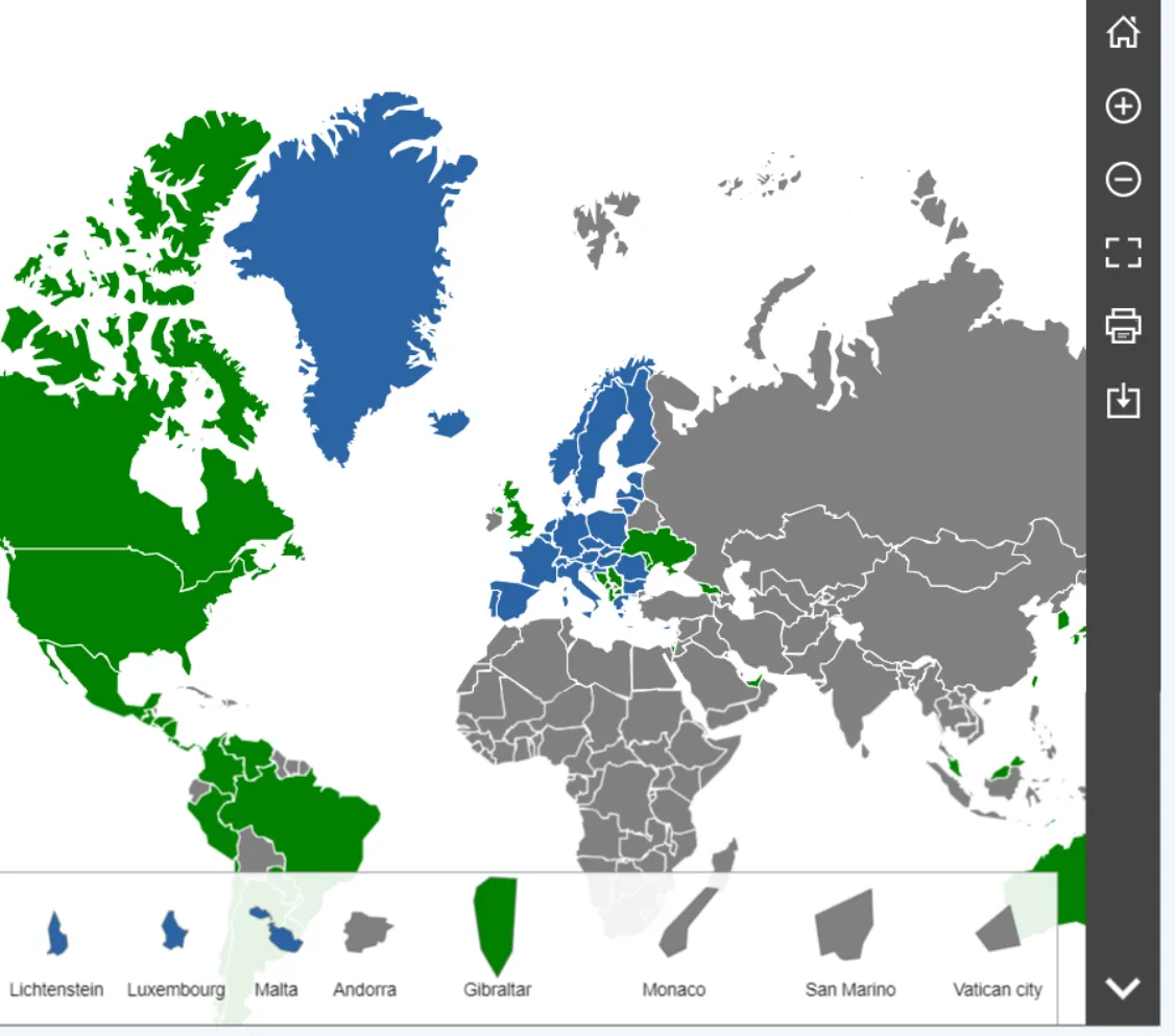 Синим цветом на карте отмечены страны, куда нужно иметь ETIAS для въезда