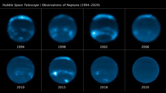 Зміни хмарного покриву Нептуна, зафіксовані Хабблом між 1992 і 2020 роками