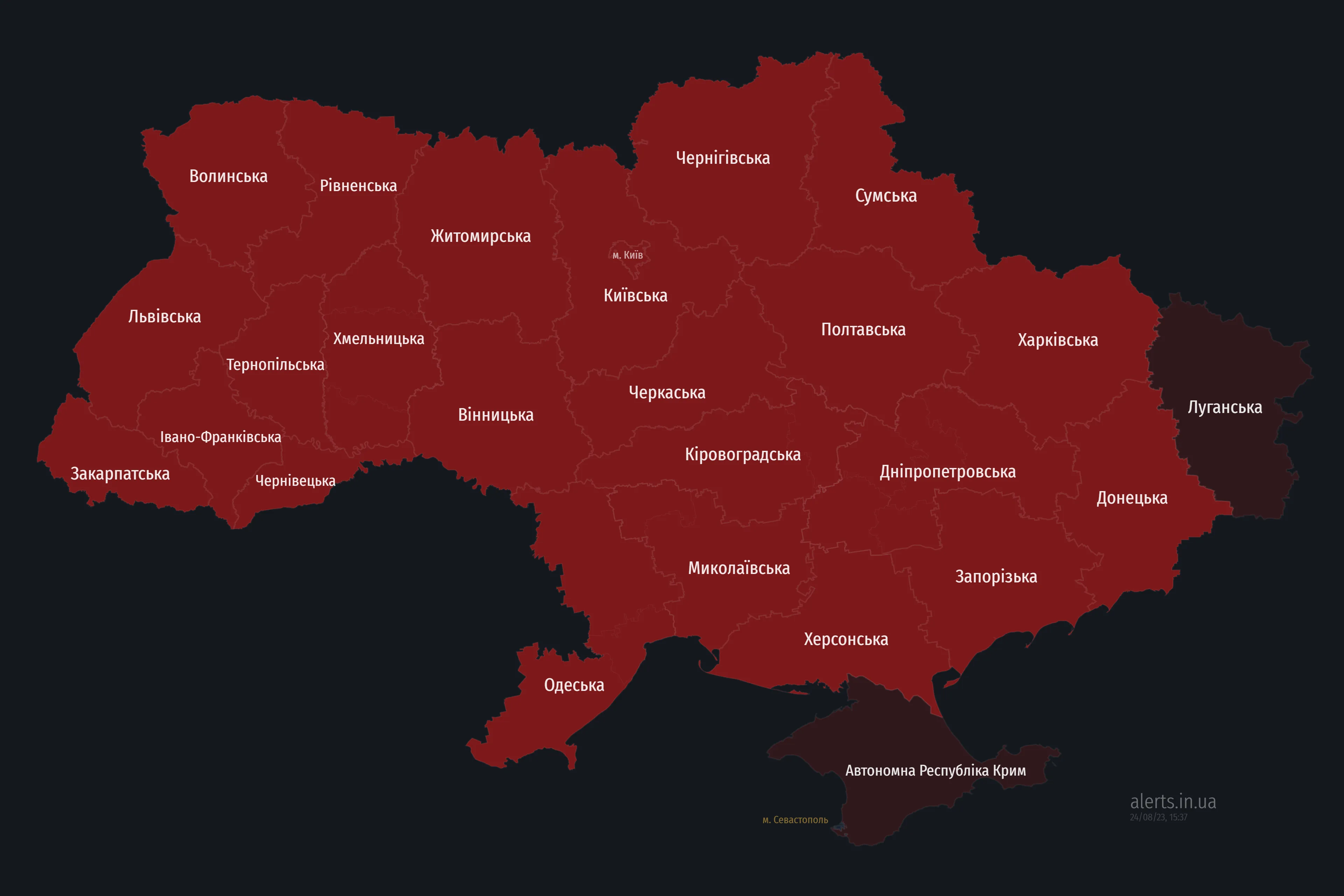 Карта повітряної тривоги станом на 15:28, 24 серпня