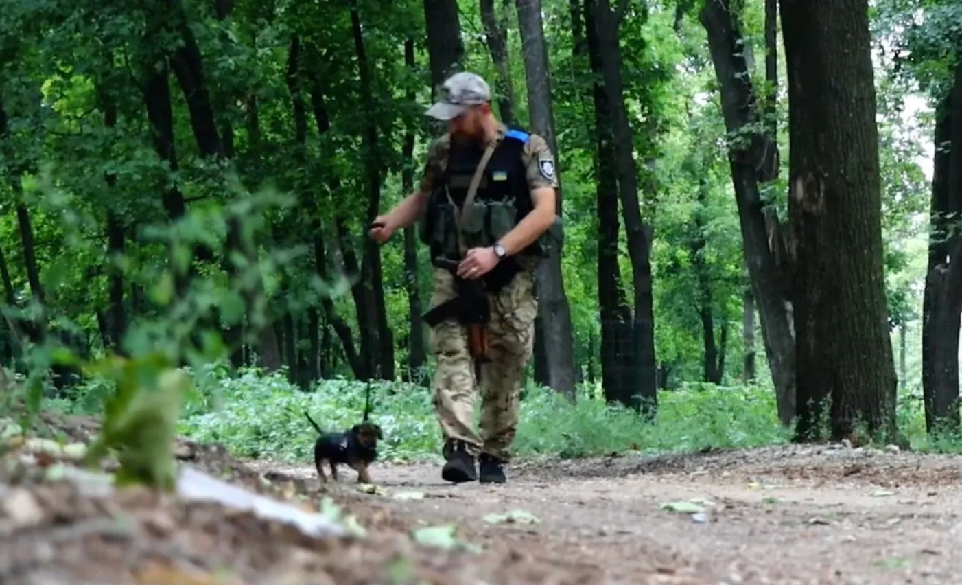Врятований собака Рем на прогулянці разом з поліцейським Павлом Дяченко