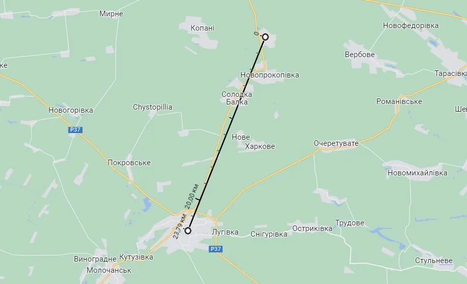 Відстань від Роботиного до Токмака Відстань від Роботиного до Токмака