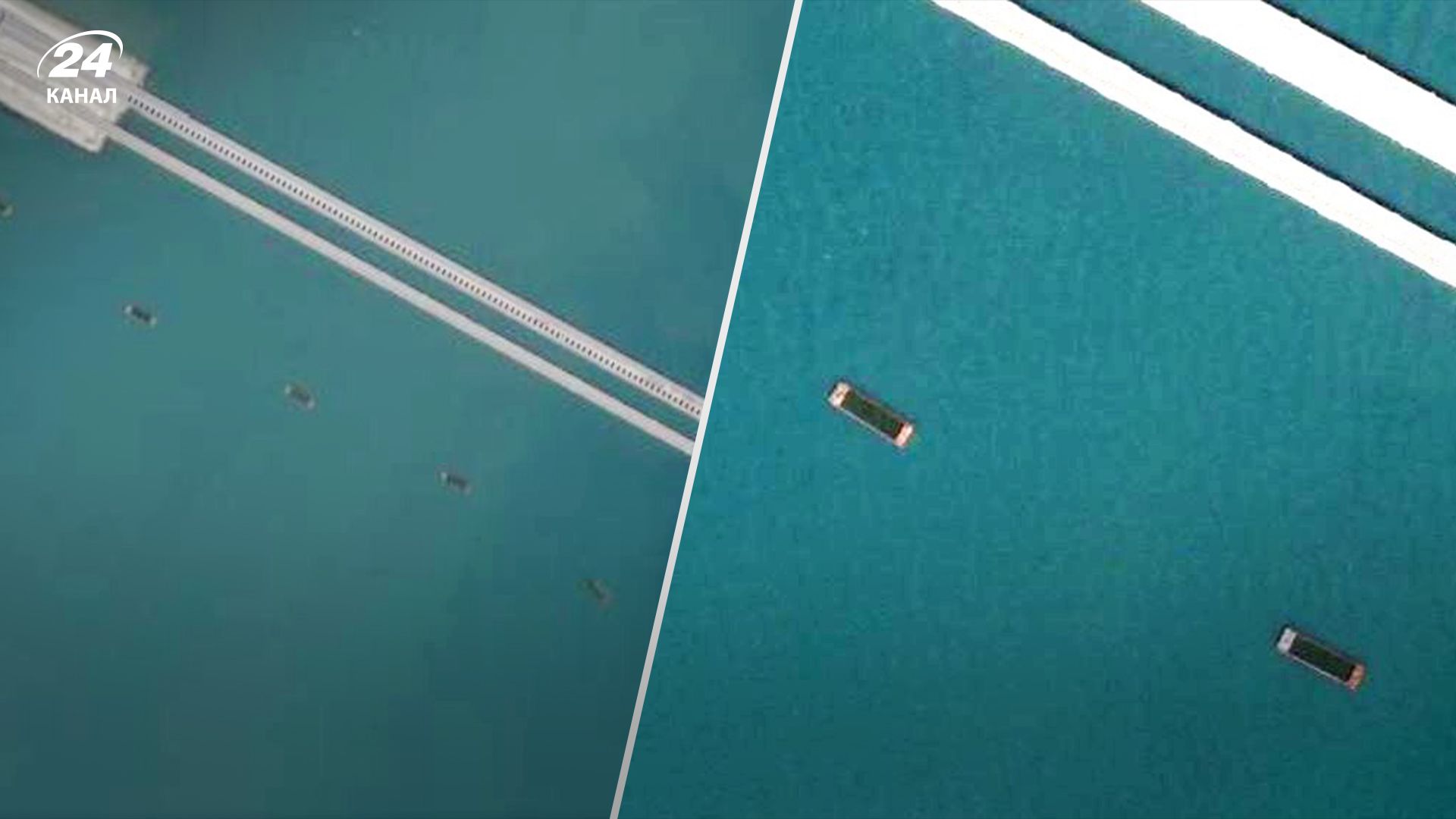 Баржі росіян біля Кримського мосту показали з супутника Баржі росіян біля Кримського мосту показали з супутника