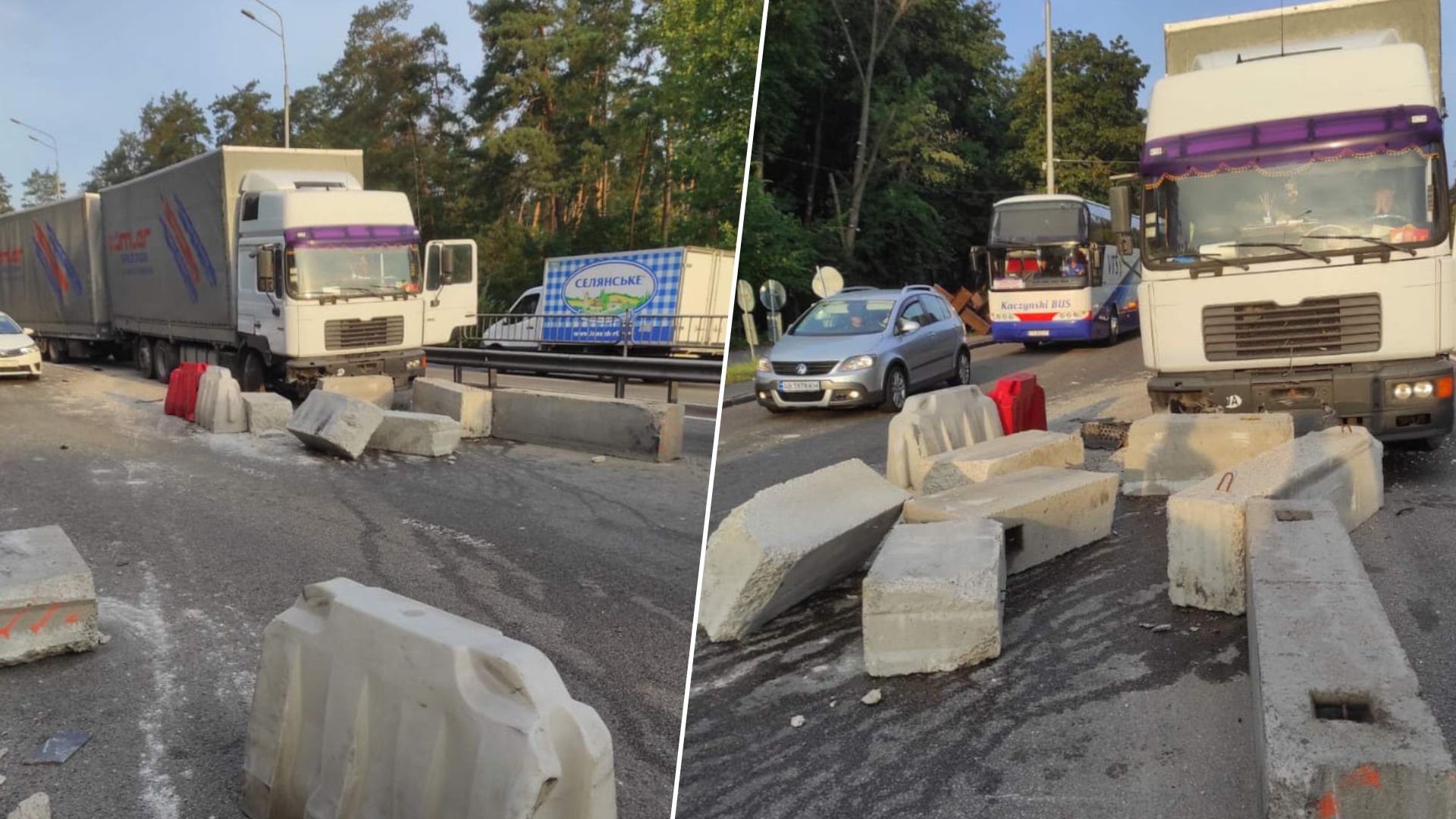 В Киеве грузовик протаранил бетонные заграждения блокпоста