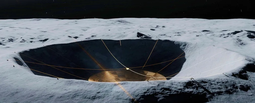 Концепция радиотелескопа в лунном кратере.