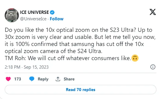 Samsung може видалити 10-кратний оптичний зум у Galaxy S24 Ultra Samsung може видалити 10-кратний оптичний зум у Galaxy S24 Ultra