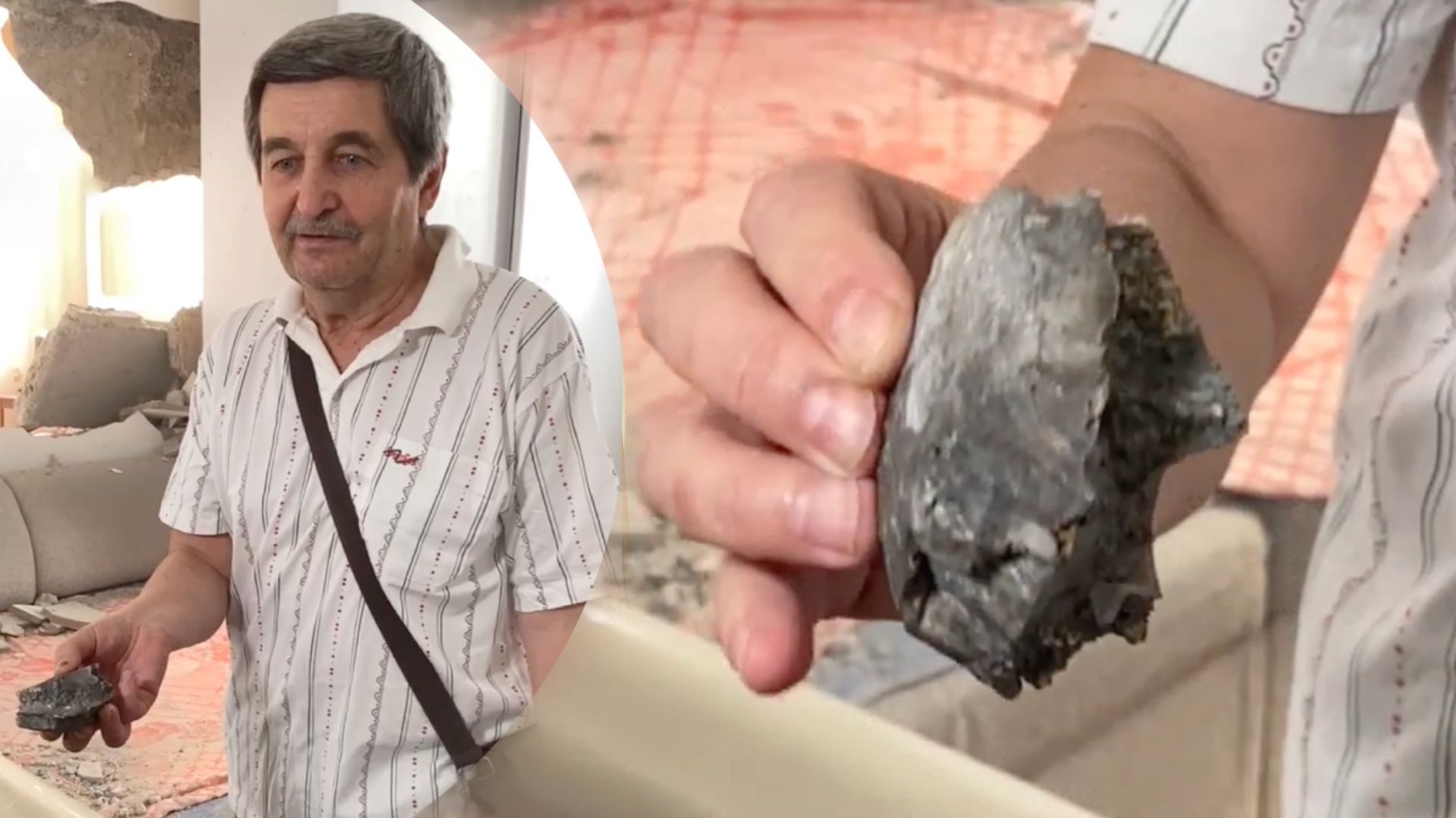 Мужчина показывает обломок, залетевший в его дом Мужчина показывает обломок, залетевший в его дом