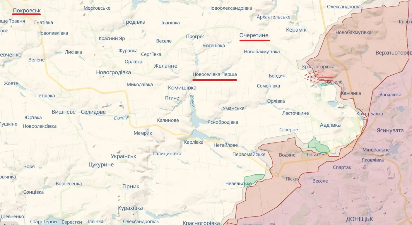 Пріоритетна точка наступу та села, по яким б'є ворог