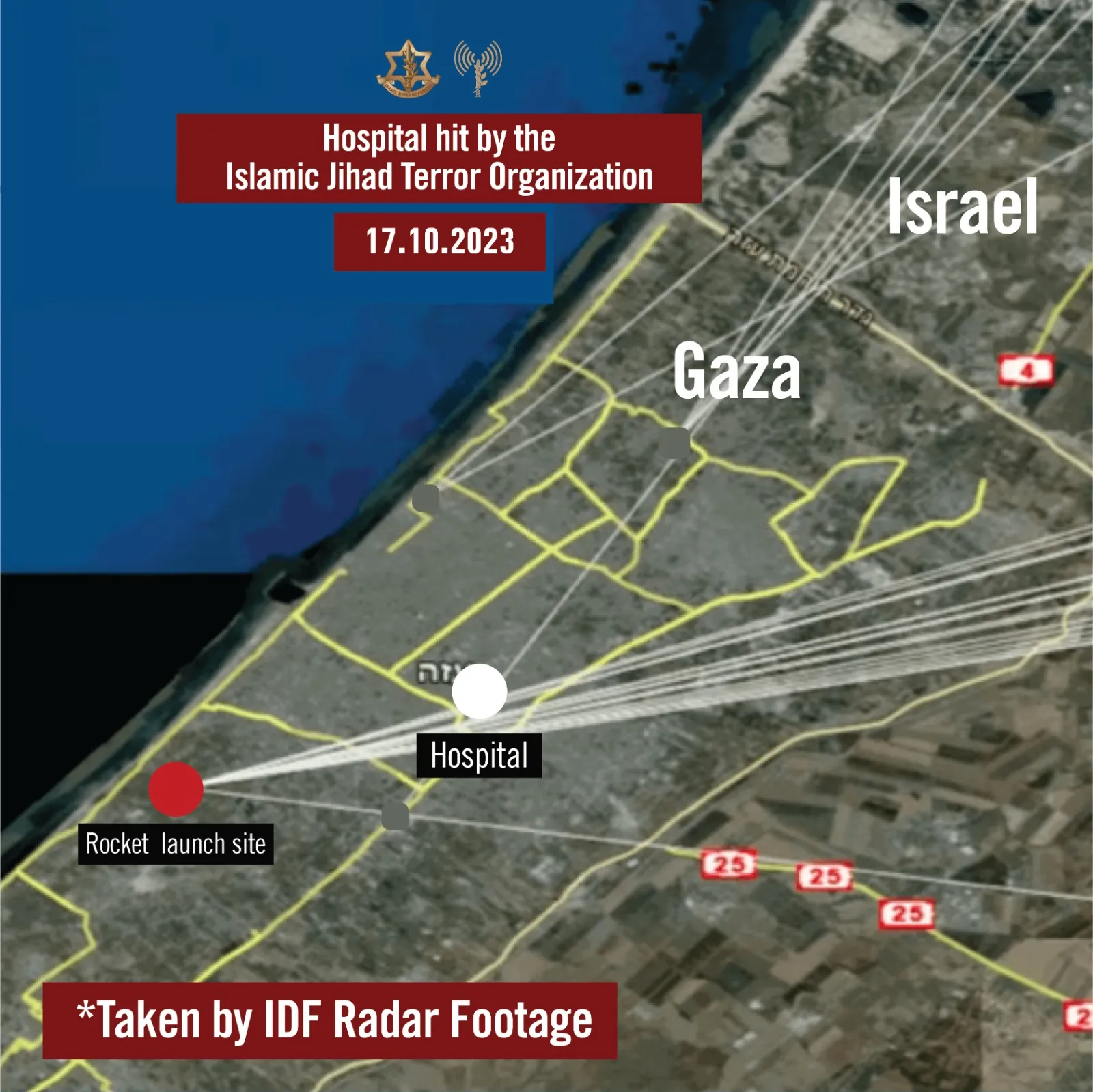 Траєкторія ракети, якою атакували лікарню в Секторі Гази