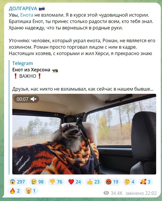Россияне заявляют о похищении енота