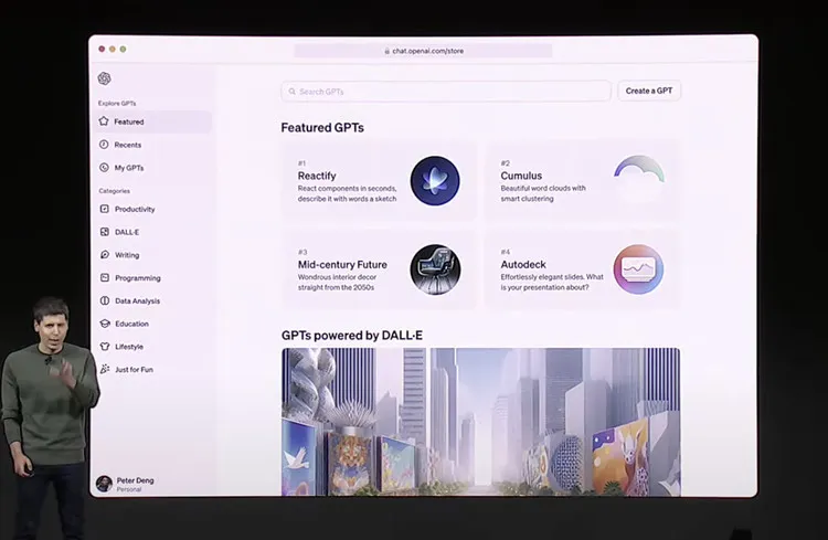 Сэм Альтман представляет магазин OpenAI для специальных GPT-ботов. Сэм Альтман представляет магазин OpenAI для специальных GPT-ботов.