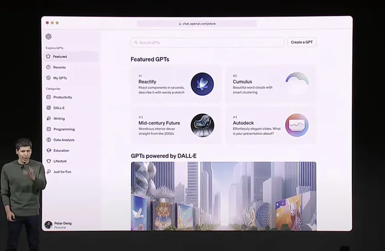 Сэм Альтман представляет магазин OpenAI для специальных GPT-ботов.