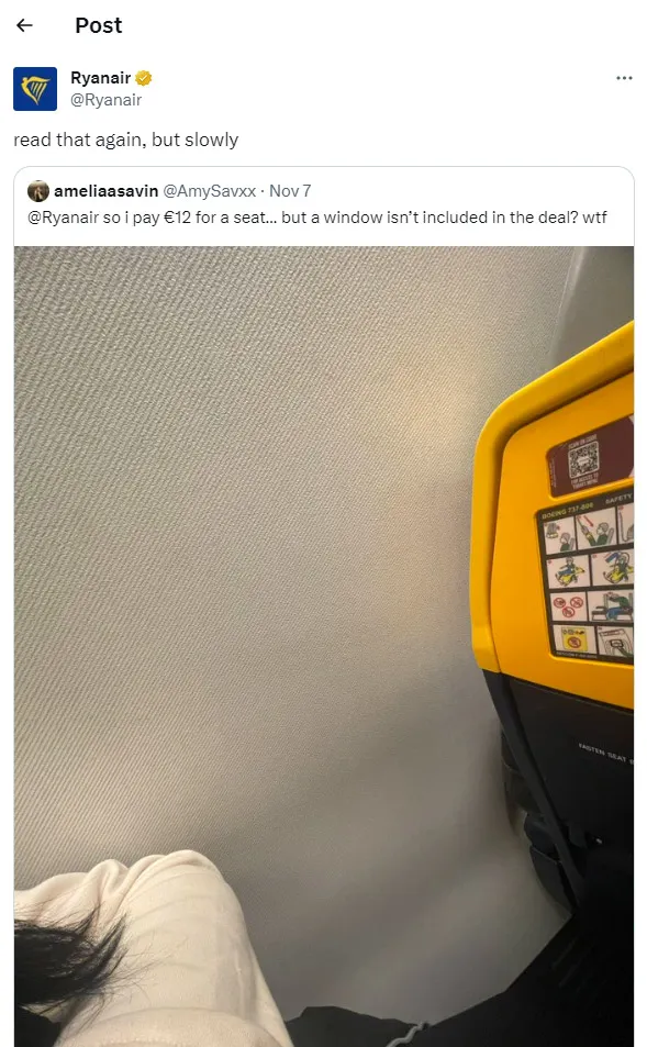 Возмущение пассажира, получившего место без окна, и ответ Ryanair Возмущение пассажира, получившего место без окна, и ответ Ryanair