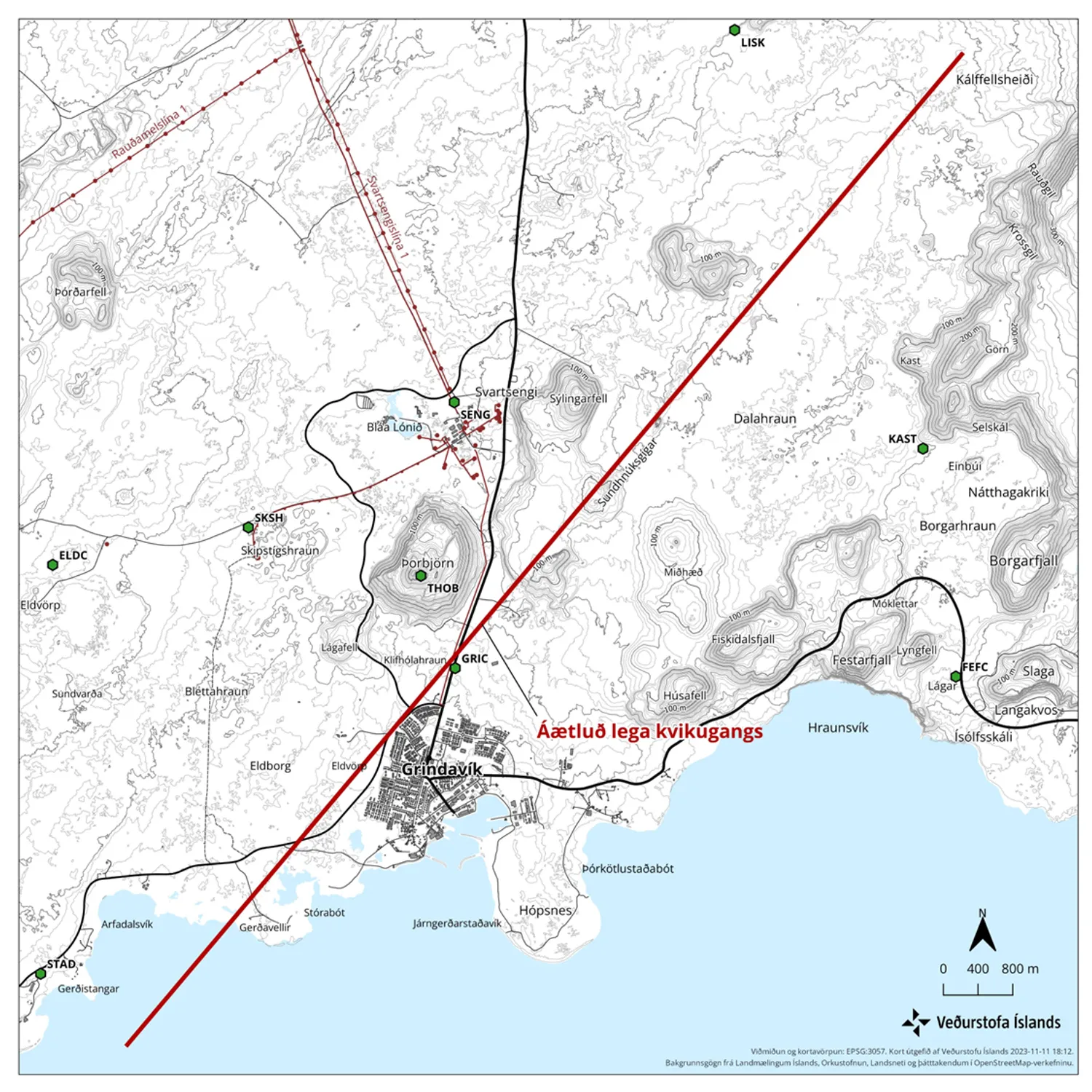 Карта, на якій зображено магматичний тунель, який пролягає повз місто Ґріндавік