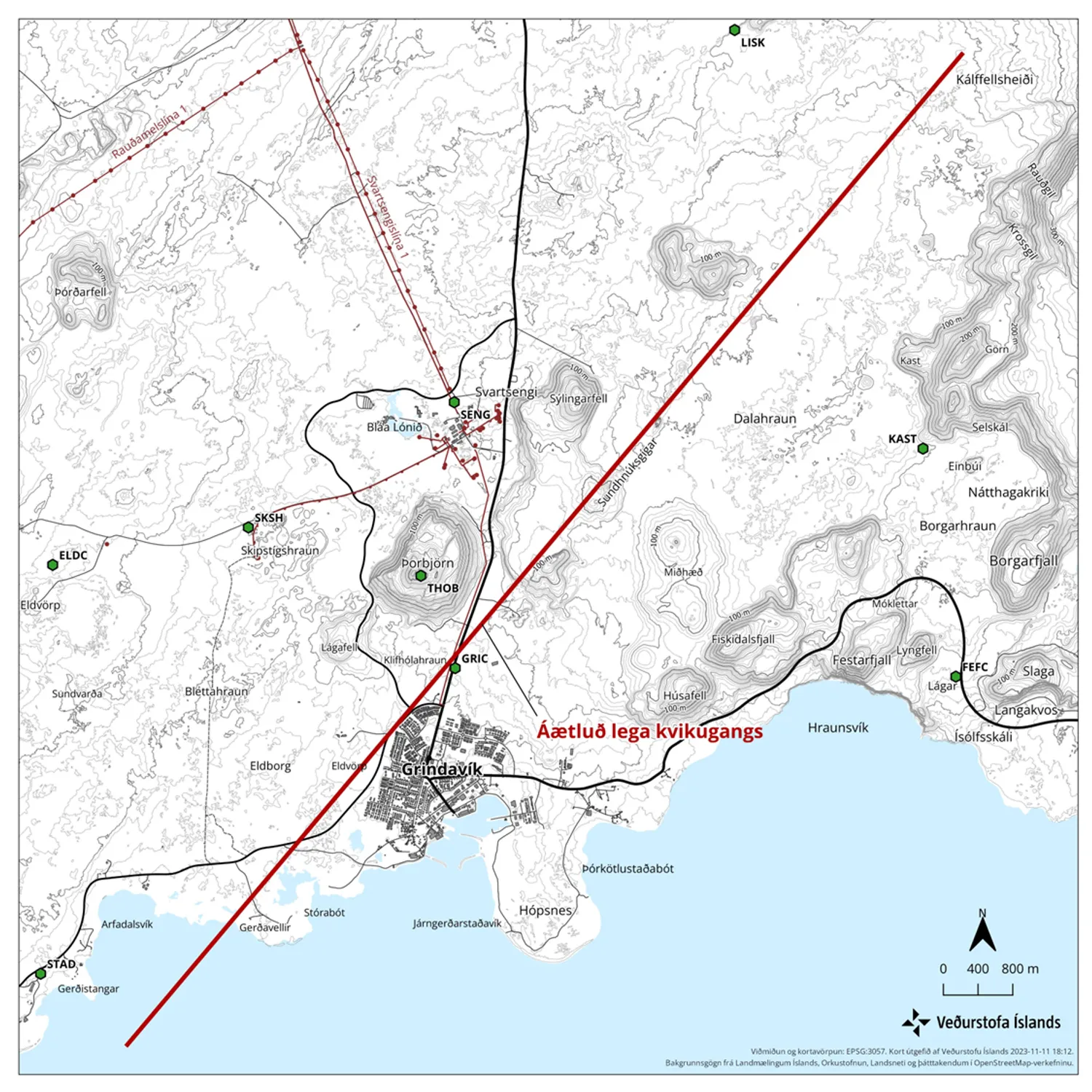 Карта, на которой изображен магматический туннель, пролегающий мимо города Гриндовик