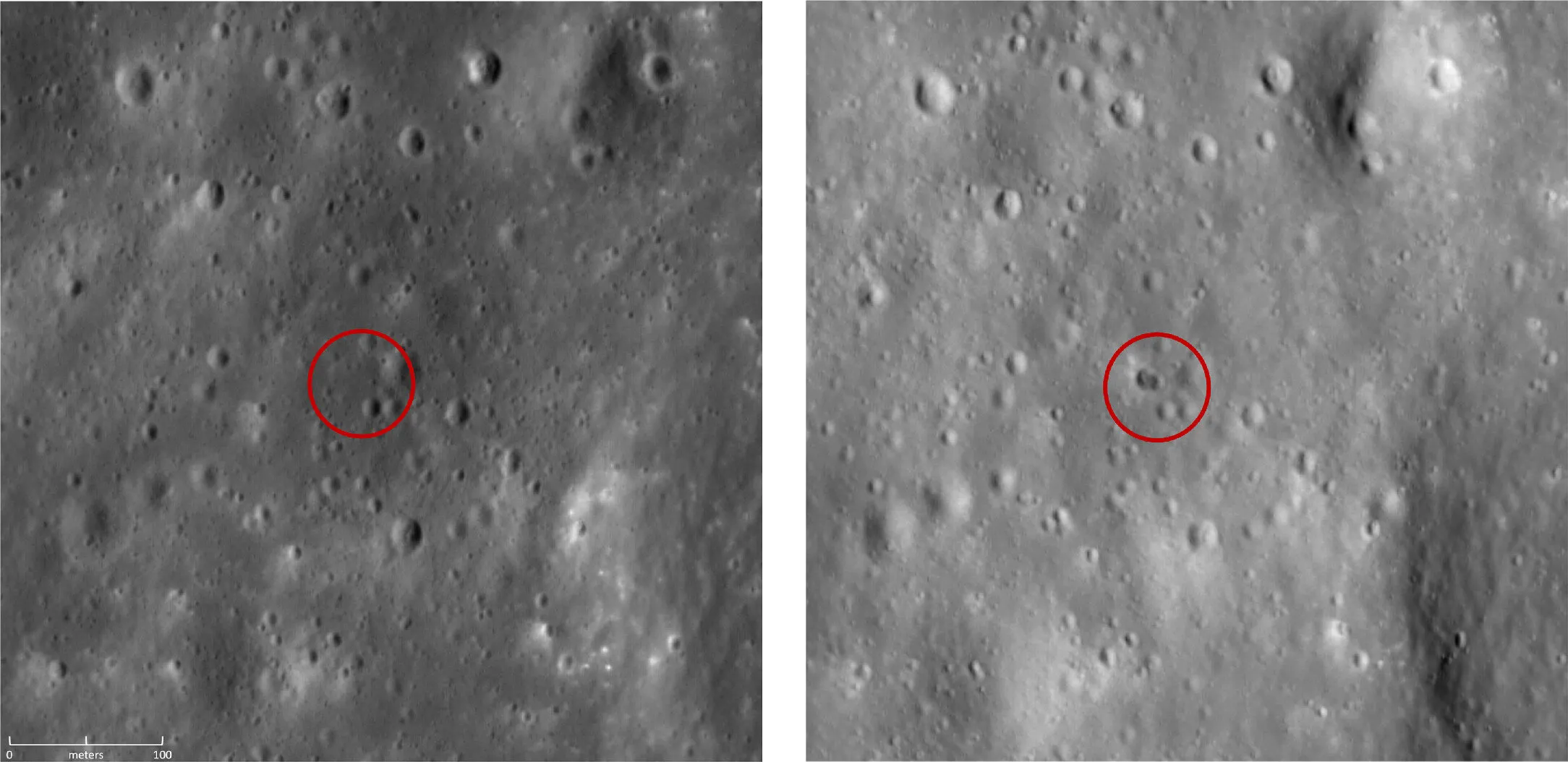 Это примерно 500-метровые участки лунной местности, снятые LRO, на которых показано место падения Chang'e 5-T1.