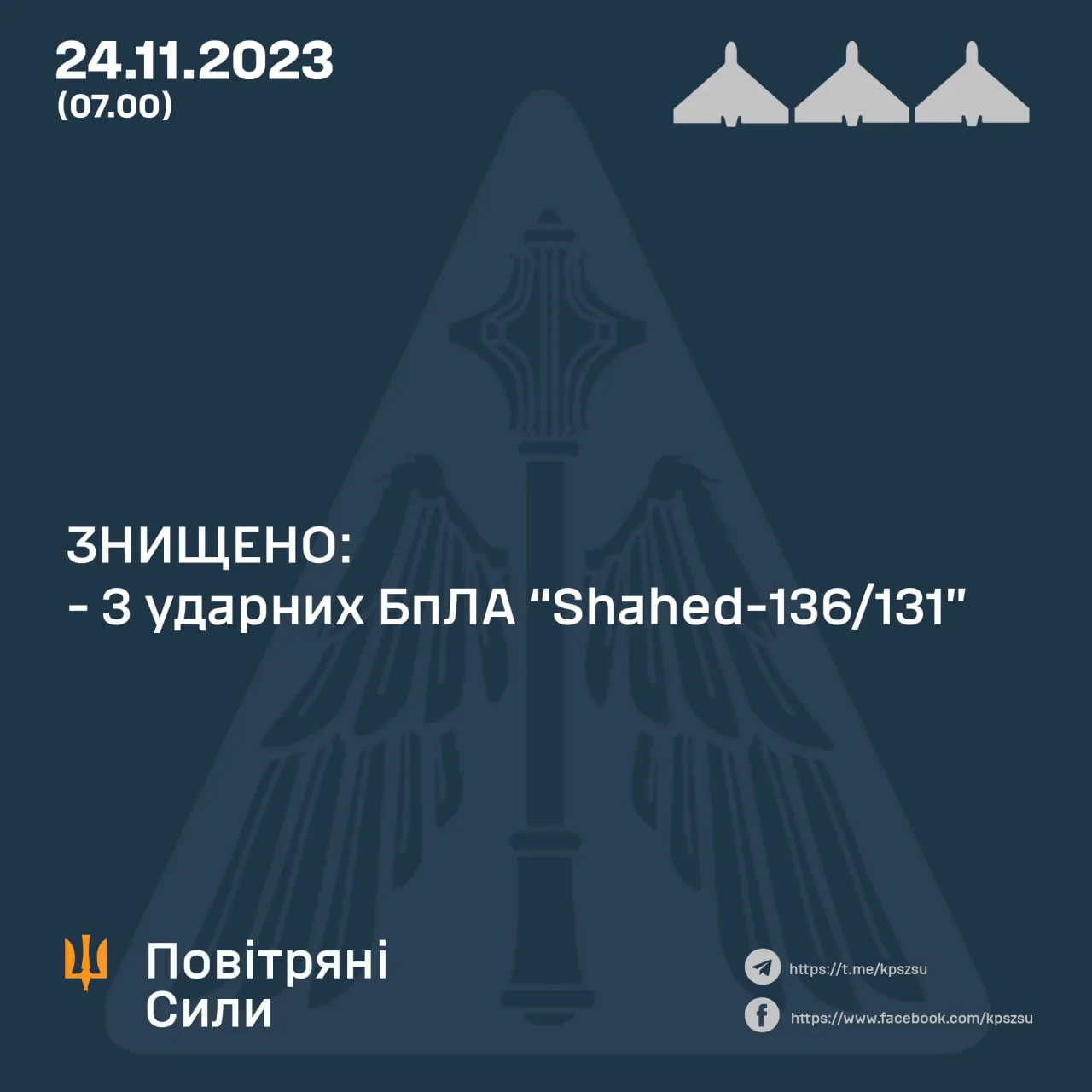 ЗСУ збили ворожі дрони 24 листопада 2023 року 