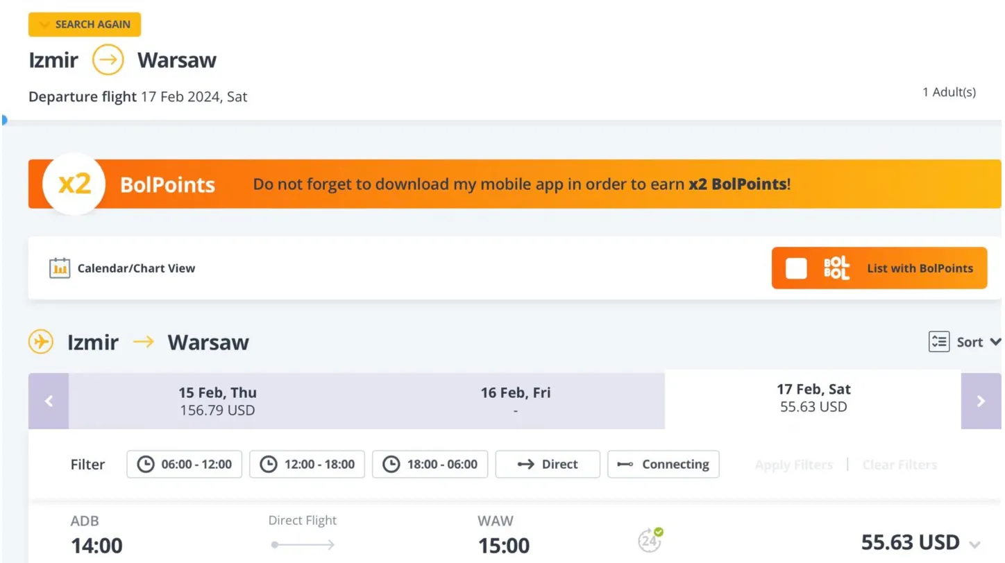 Пример бронирования авиабилетов Измир - Варшава на 17 февраля 2024 года Пример бронирования авиабилетов Измир - Варшава на 17 февраля 2024 года