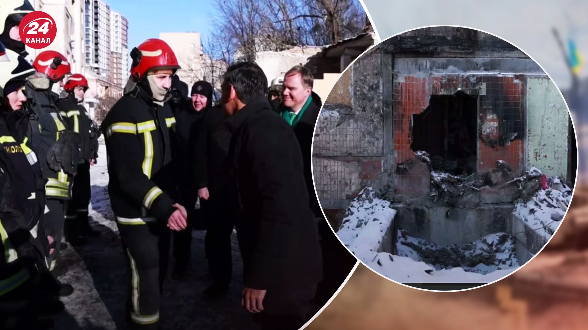 Ріші Сунак подякував рятувальникам біля зруйнованого будинку в Києві