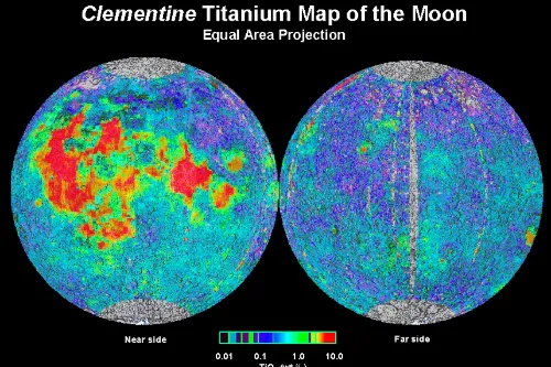 На изображении показана карта содержимого титана на поверхности Луны, полученная с космического корабля NASA Clementine