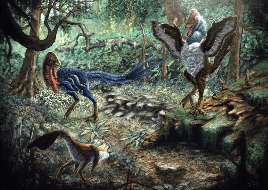 Зображення художника Eoneophron infernalis і (внизу зліва) й Anzu wyliei (праворуч)