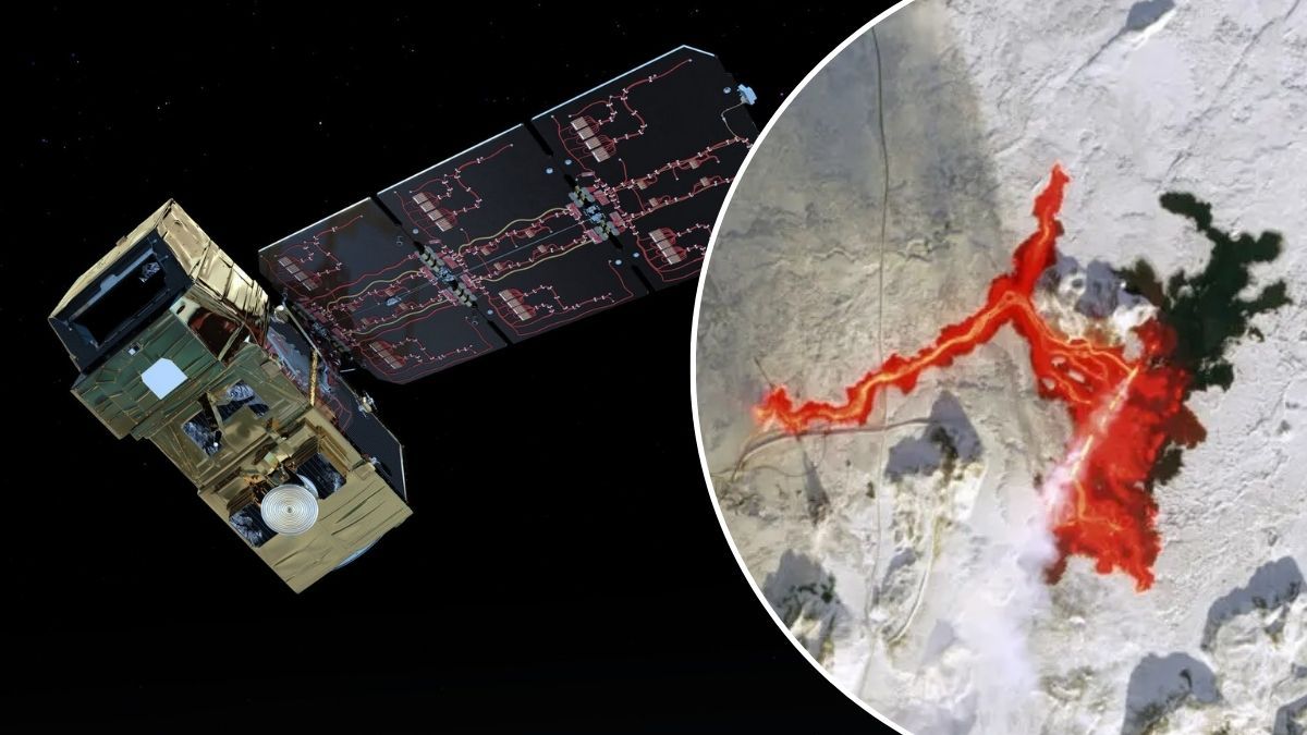 Лава из вулкана в Исландии видна из космоса Лава из вулкана в Исландии видна из космоса