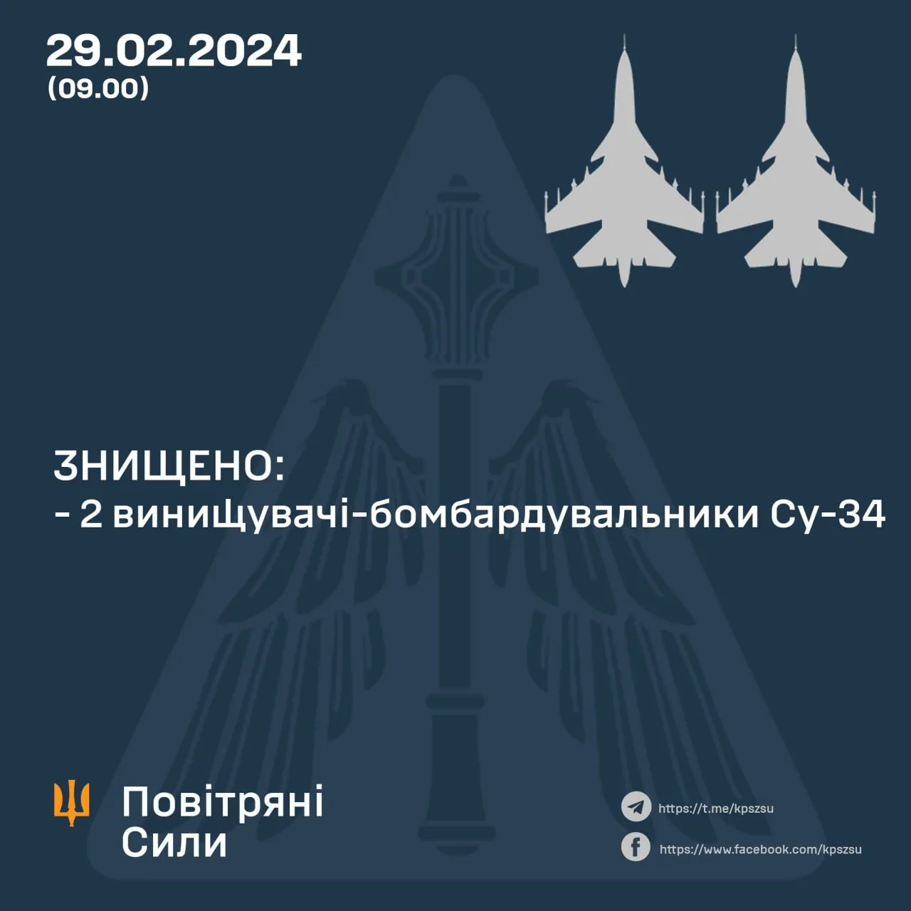 Повітряні сили 29 лютого знищили ще два Су-34 росіян Повітряні сили 29 лютого знищили ще два Су-34 росіян
