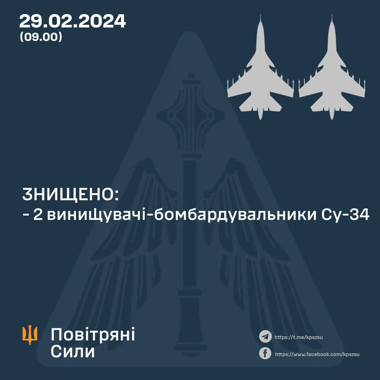 Повітряні сили 29 лютого знищили ще два Су-34 росіян