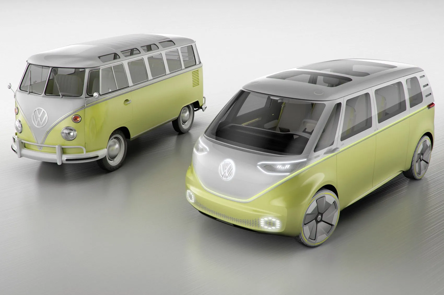 Мікроавтобус Volkswagen 1950-х років (ліворуч) і його сучасна версія Volkswagen ID Buzz 2017 року
