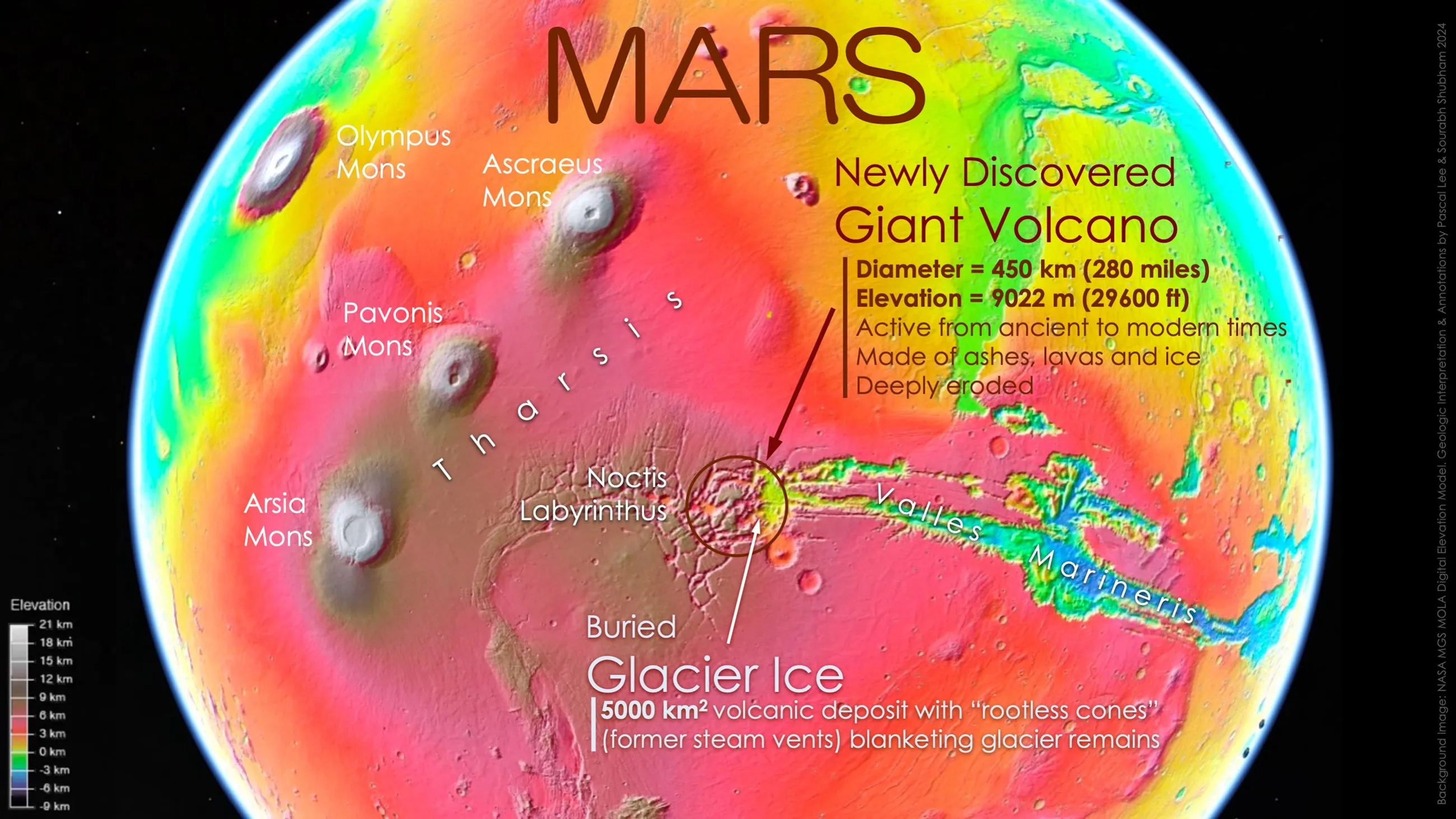 Зображення, що показує розташування вулкана, реліктового льодовика та інших гігантських вулканів Марса