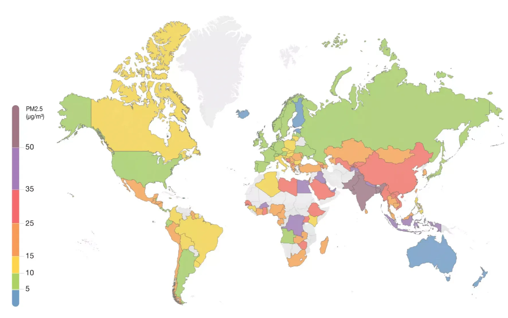 Концентрации PM2,5 по всему миру