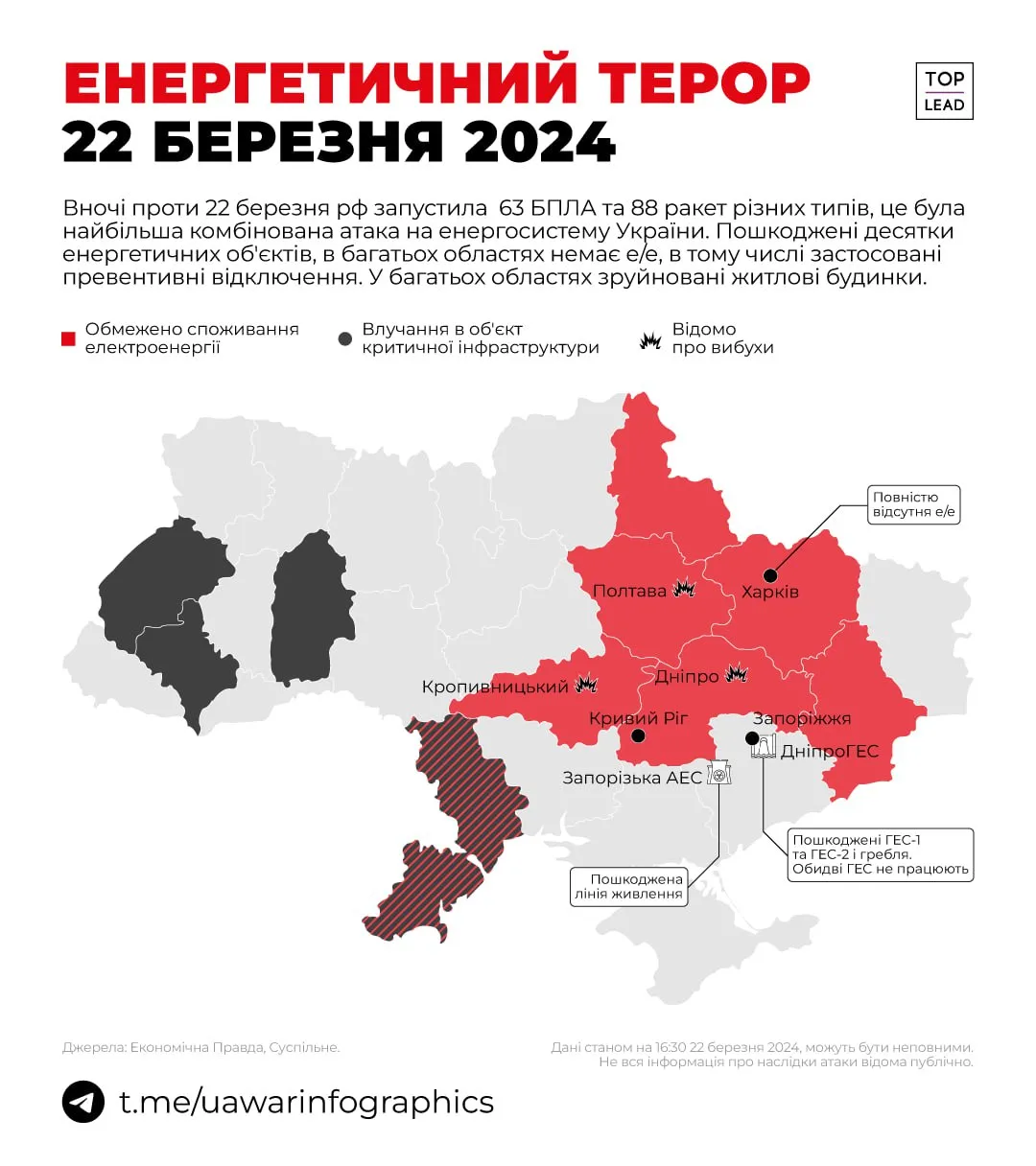массированная атака по Украине - карта поражений, в какие объекты энергетики попали россияне 22 марта 2024 года