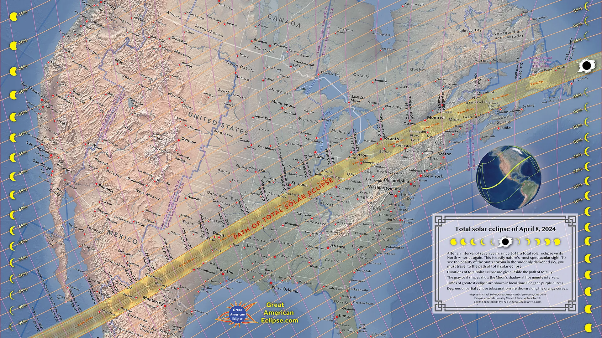 Карта проходження повного сонячного затемнення в Північній Америці 8 квітня 2024 року